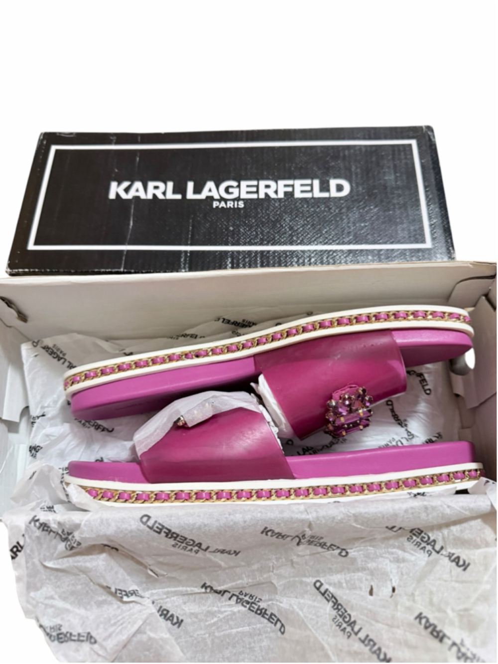 Women's Karl Lagerfeld Embellished Chain Sandals in Pink and Gold size 6.5